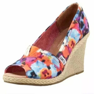 Toms  Floral Wedge Sandal Multi Color Open Toe Espadrille Size 9